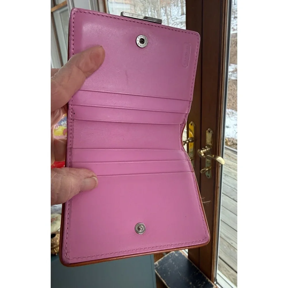 Coach Pink Leather Kisslock Bifold Wallet with Tan Trim‎ and Silver Hardware